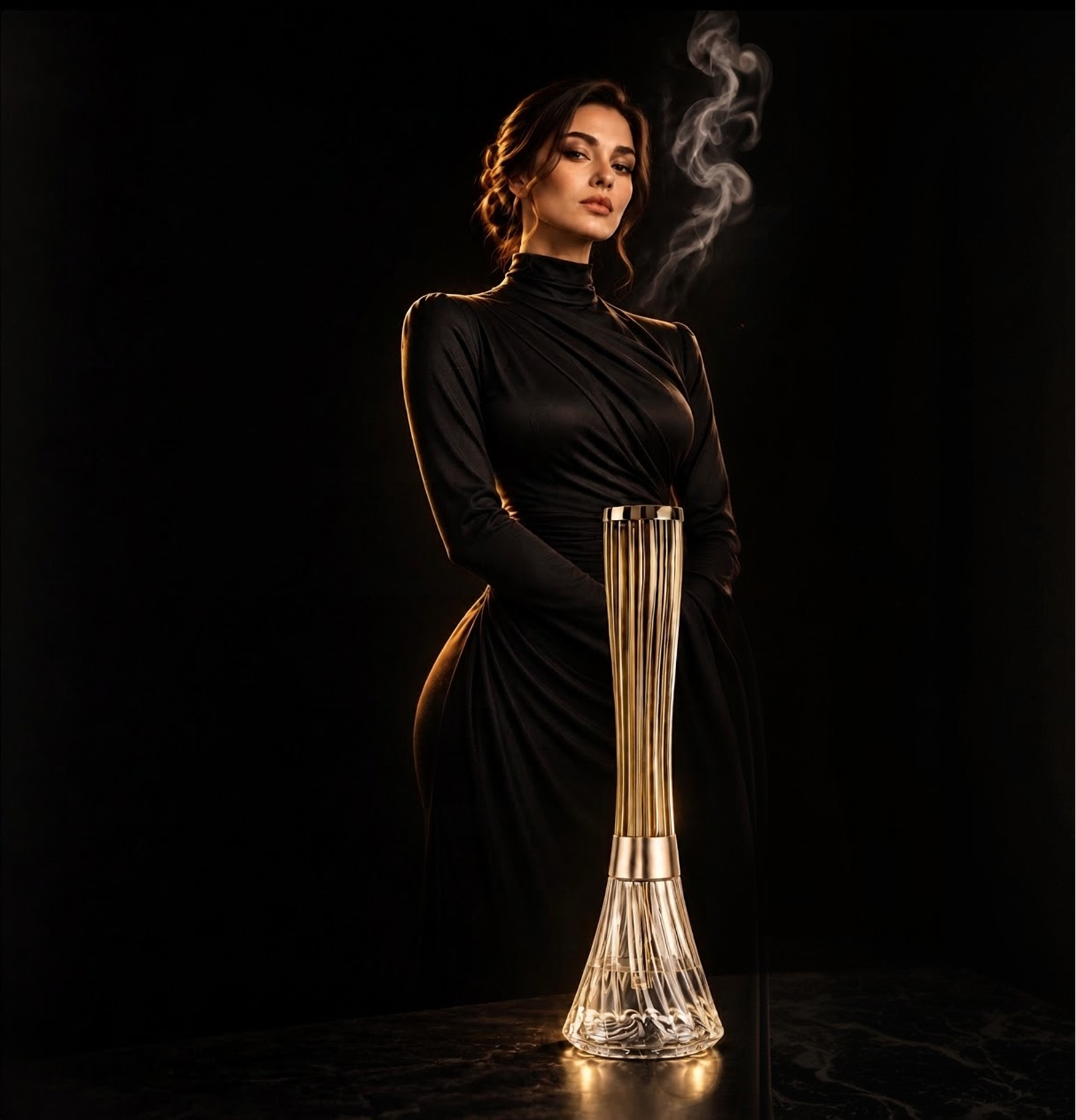 Woman in a black dress beside a gold Italian glass hookah
