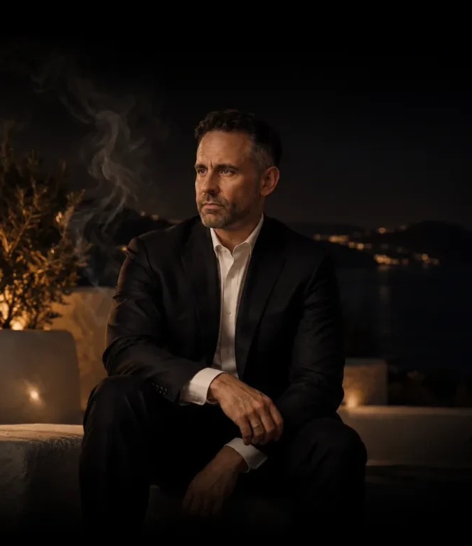Dr. Scott Leune seated on a terrace at night