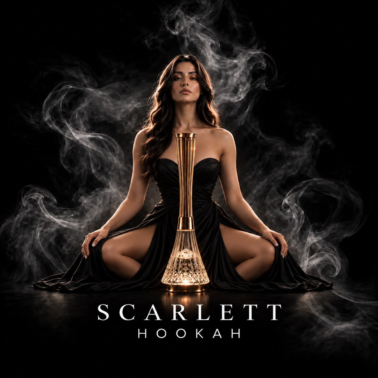 Scarlett Hookah — woman seated with a gold hookah